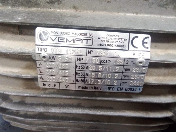 Motor Eléctrico Trifásico VEMAT VTB 112HL 5.5 kW (7.5 HP) 2870 rpm - Imagen 3
